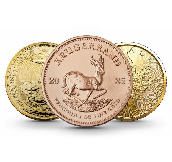 Goldmünzen Krugerrand, Britannia und Maple Leaf – klassische Anlagemünzen aus Feingold.