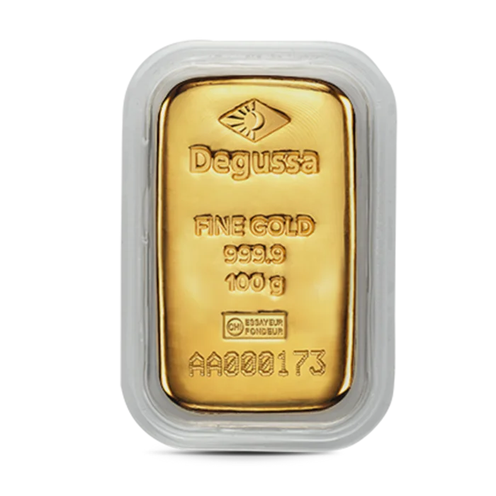 100 g Degussa Goldbarren (gegossen)