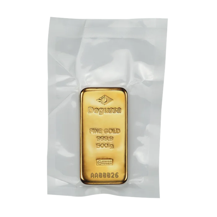 500 g Degussa Goldbarren (gegossen)