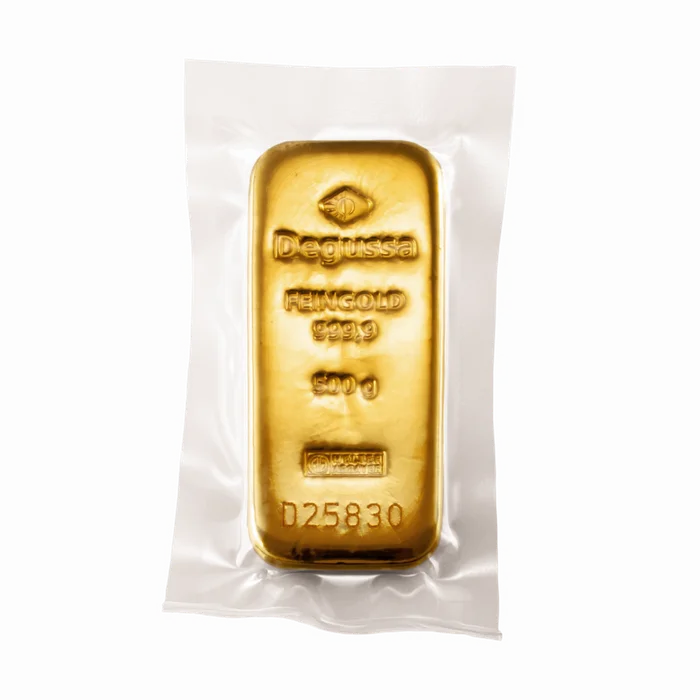 500 g Degussa Goldbarren Vintage (gegossen)